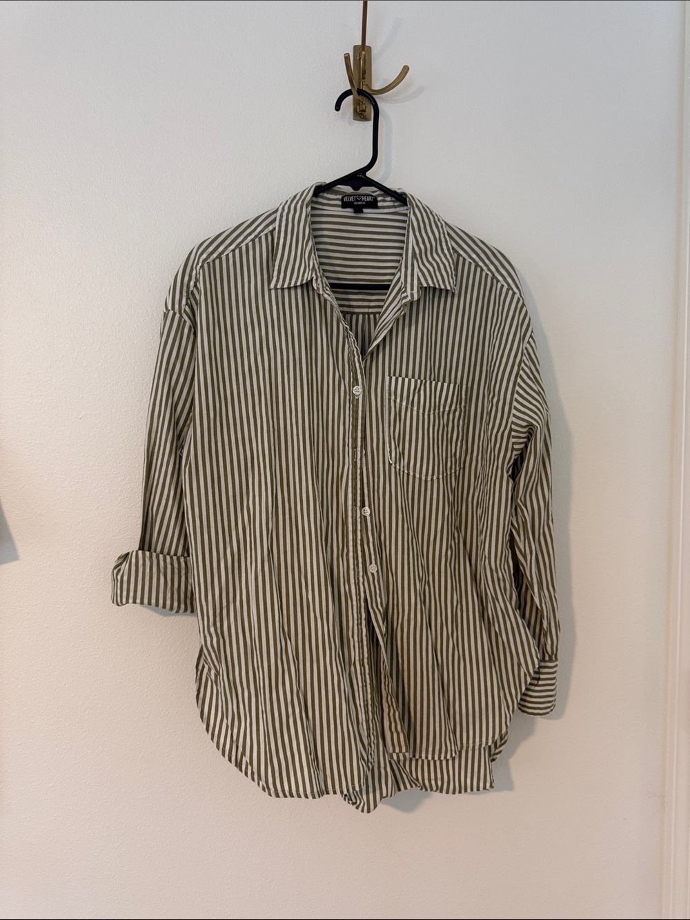 Oversized Olive and White Striped Button-Down Shirt